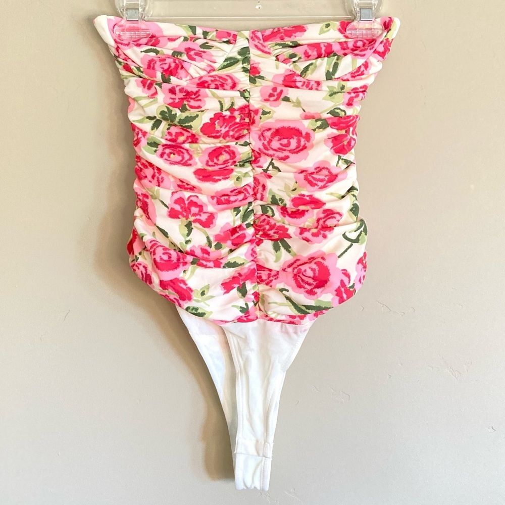 NEW ZARA Draped Ruched Floral Rose Strapless Bodysuit Pink Green White Size S - Picture 9 of 16